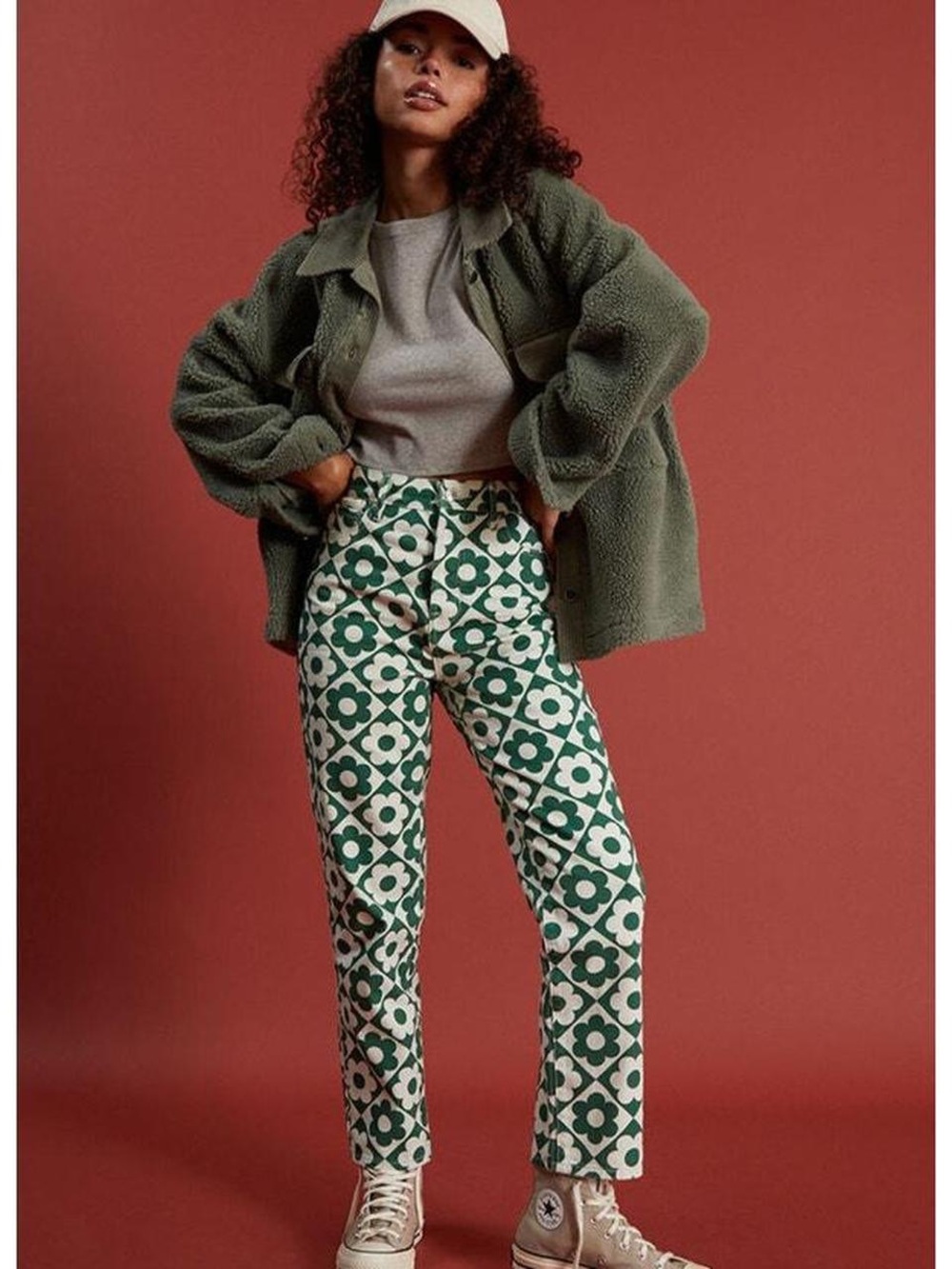 PacSun Green & White Geometric Floral Straight Leg Pants